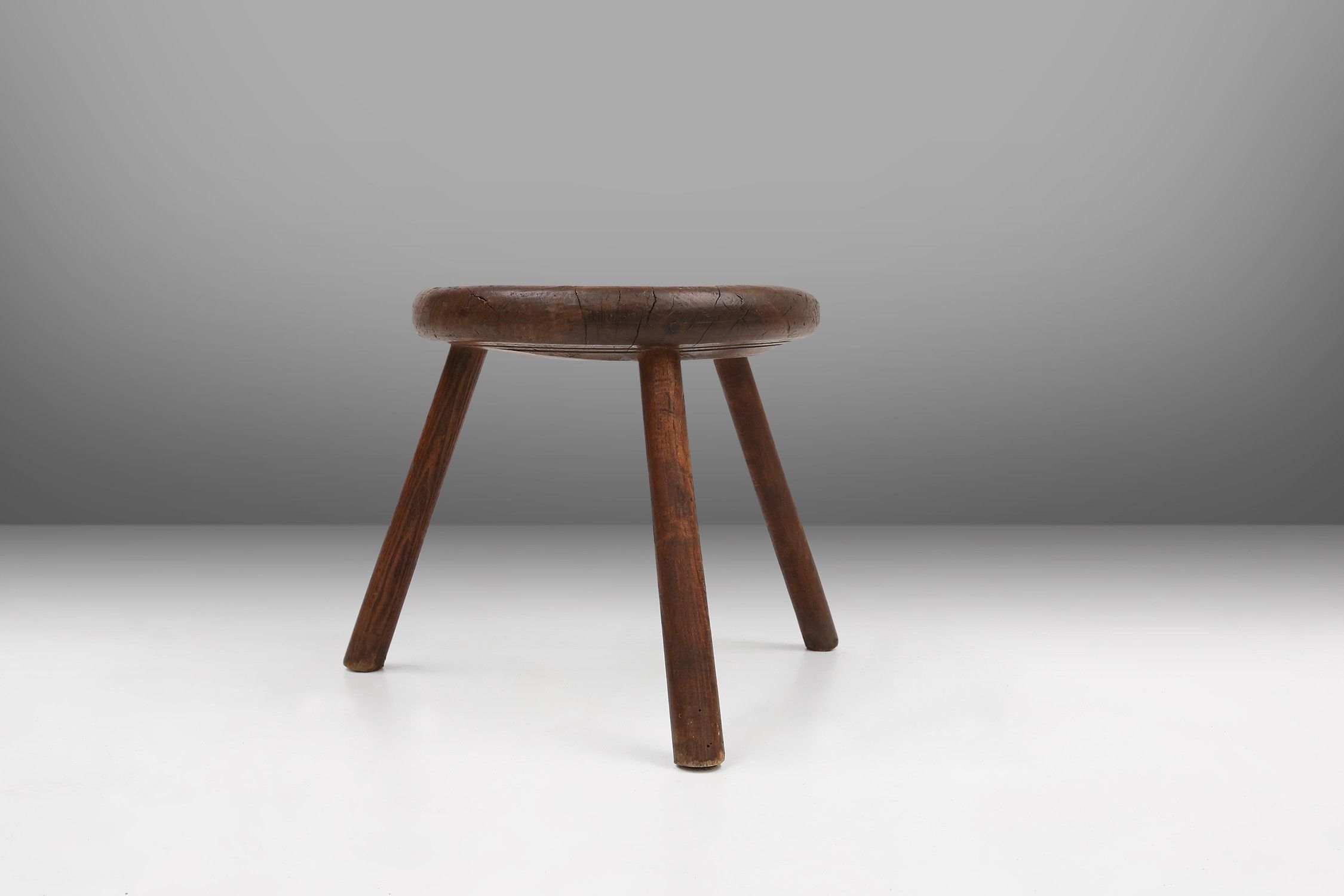 Hand-carved solid wood tripod stool with beautiful patina, France ca. 1900thumbnail